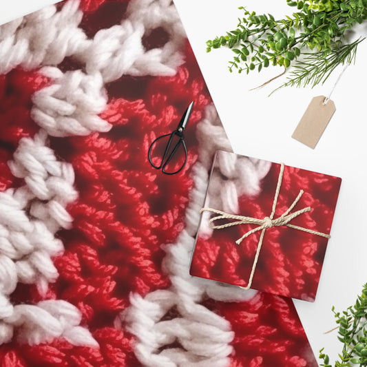 Warm Winter Red & White Crochet Knit: Cinematic Chic Texture Design - Wrapping Paper