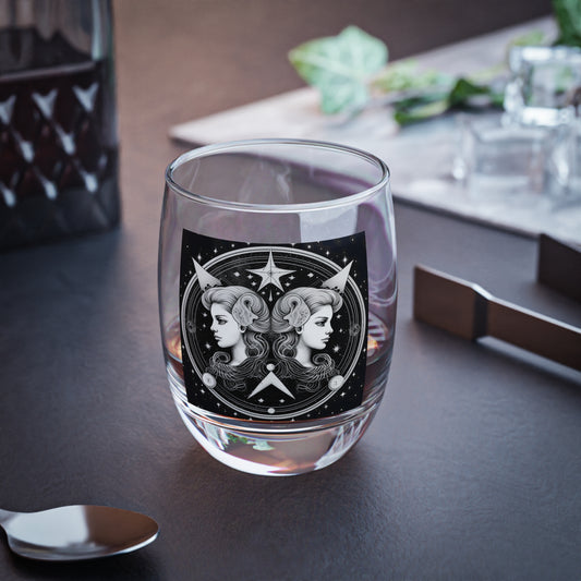 Gemini Zodiac Clear Glass Whiskey Glass - Solid Base - Mystical Black & White Design