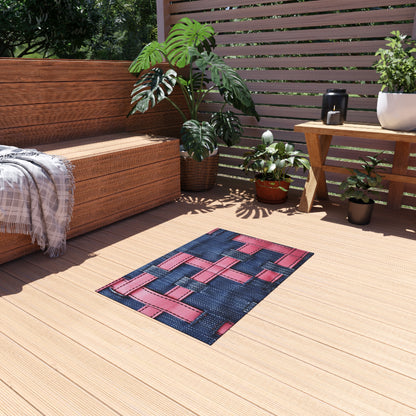 Candy-Striped Crossover: Pink Denim Ribbons Dancing on Blue Stage - Outdoor Rug