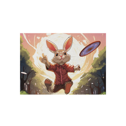 Disc Golf Rabbit: Bunny Aiming Frisbee for Basket Chain - Outdoor Rug