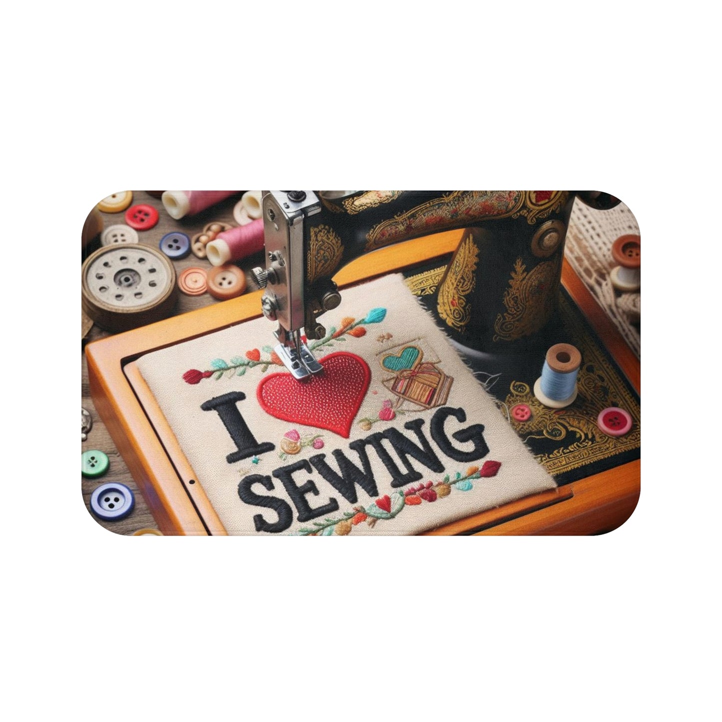 Sewing Machine, I Love Sewing Embroidery, Tailor Workshop - Bath Mat