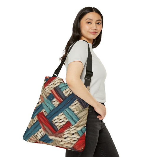 Colorful Yarn Knot: Denim-Inspired Fabric in Red, White, Light Blue - Adjustable Tote Bag (AOP)