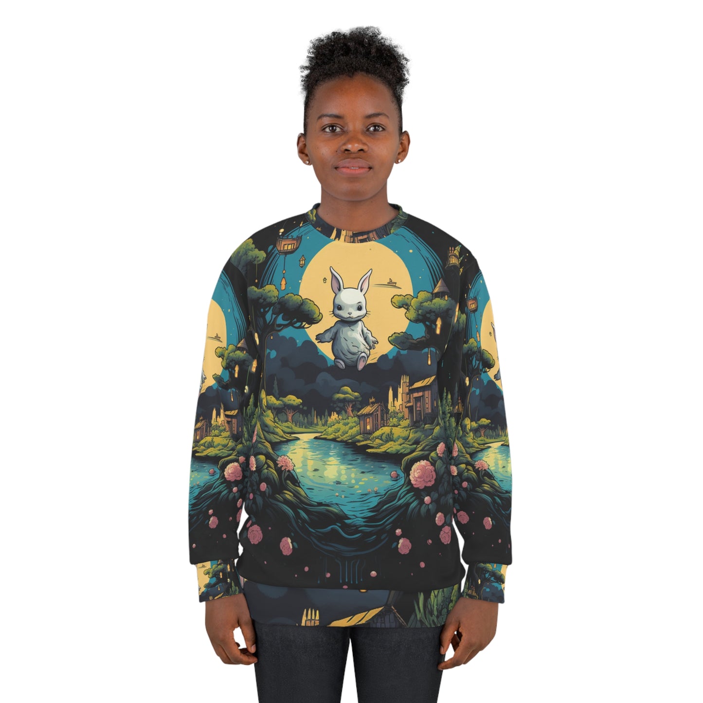 White Rabbit Mystery Psychedelic Fantasy Anime Cartoon Bunny - Unisex Sweatshirt (AOP)