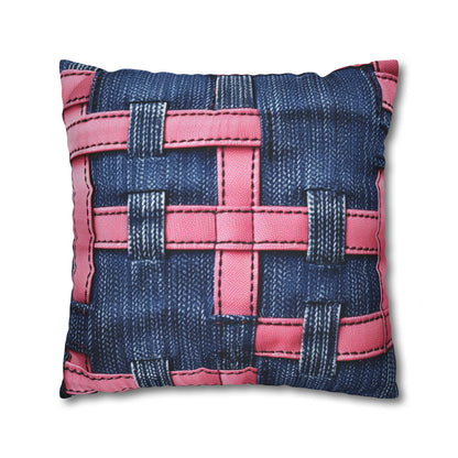 Candy-Striped Crossover: Pink Denim Ribbons Dancing on Blue Stage - Spun Polyester Square Pillow Case