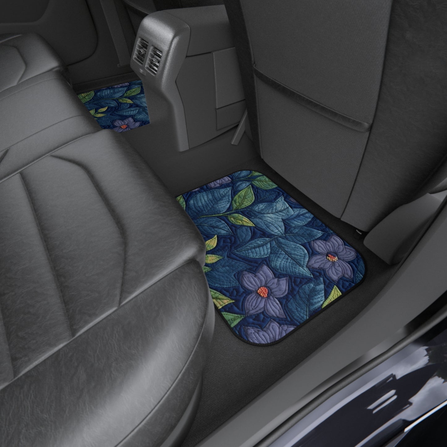 Floral Embroidery Blue: Denim-Inspired, Artisan-Crafted Flower Design - Car Mats (Set of 4)
