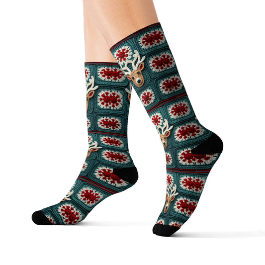 Christmas Reindeer Crochet, Wintry Wonderland Design, Festive Stag Motif. Embrace the Holiday Spirit - Sublimation Socks