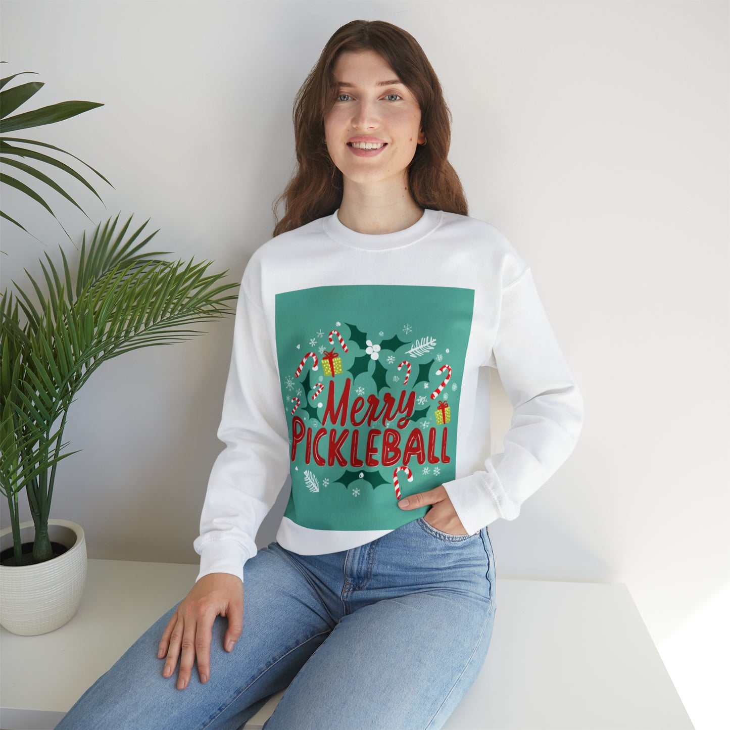 Feliz Navidad navideña de Pickleball - Sudadera unisex con cuello redondo Heavy Blend™ 