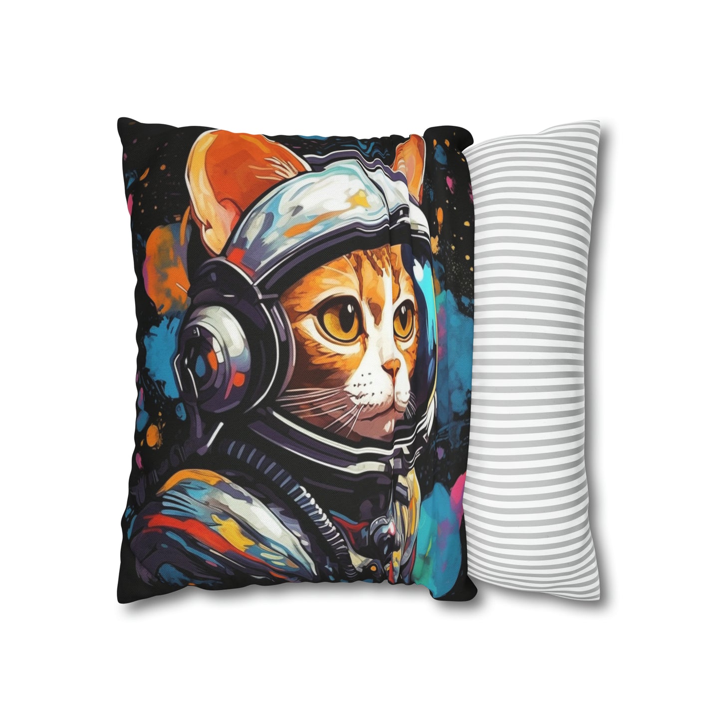 Astro Cat Adventure Feline - Pop Art, Floating in Cosmic Space - Spun Polyester Square Pillow Case