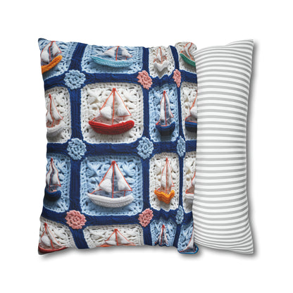 Crochet Boat Ship Sea Vessel Ocean Beach Travel Yacht Design - Spun Polyester Square Pillow Case