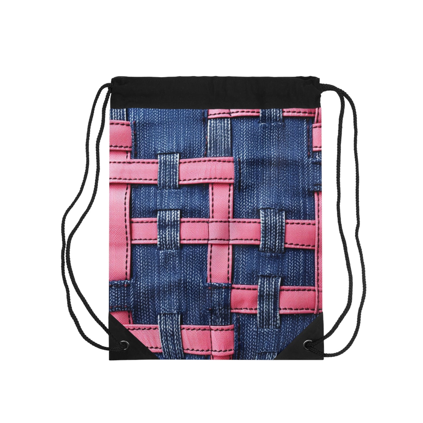 Candy-Striped Crossover: Pink Denim Ribbons Dancing on Blue Stage - Drawstring Bag