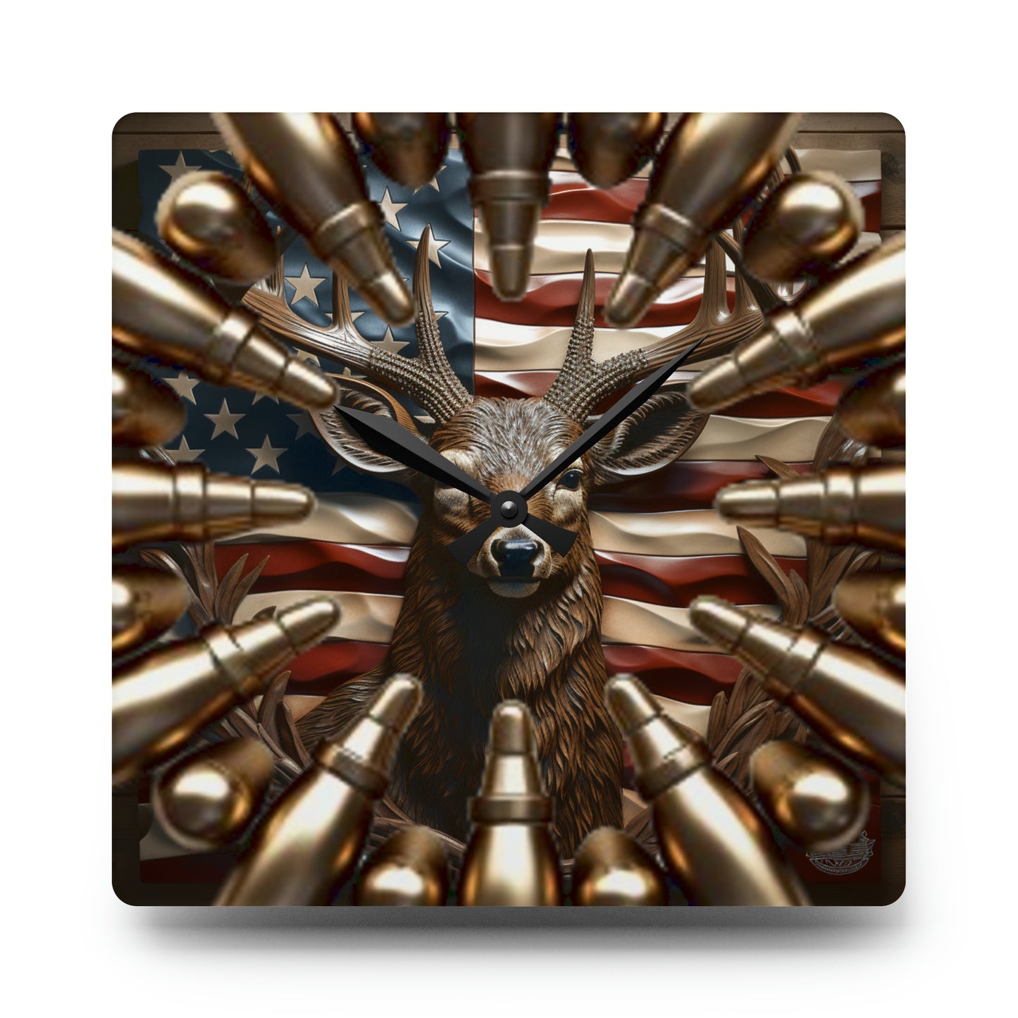 American Flag Deer Acrylic Wall Clock - Hunters Gift - Patriotic Wildlife Design, Rustic Home Decor, Unique Wall Timepiece