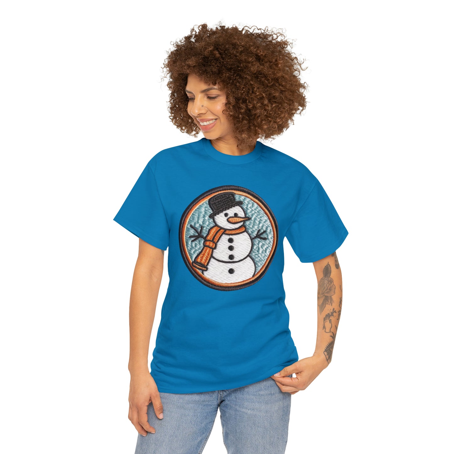 Snowman Embroidered Patch - Chenille Christmas Winter - Unisex Heavy Cotton Tee