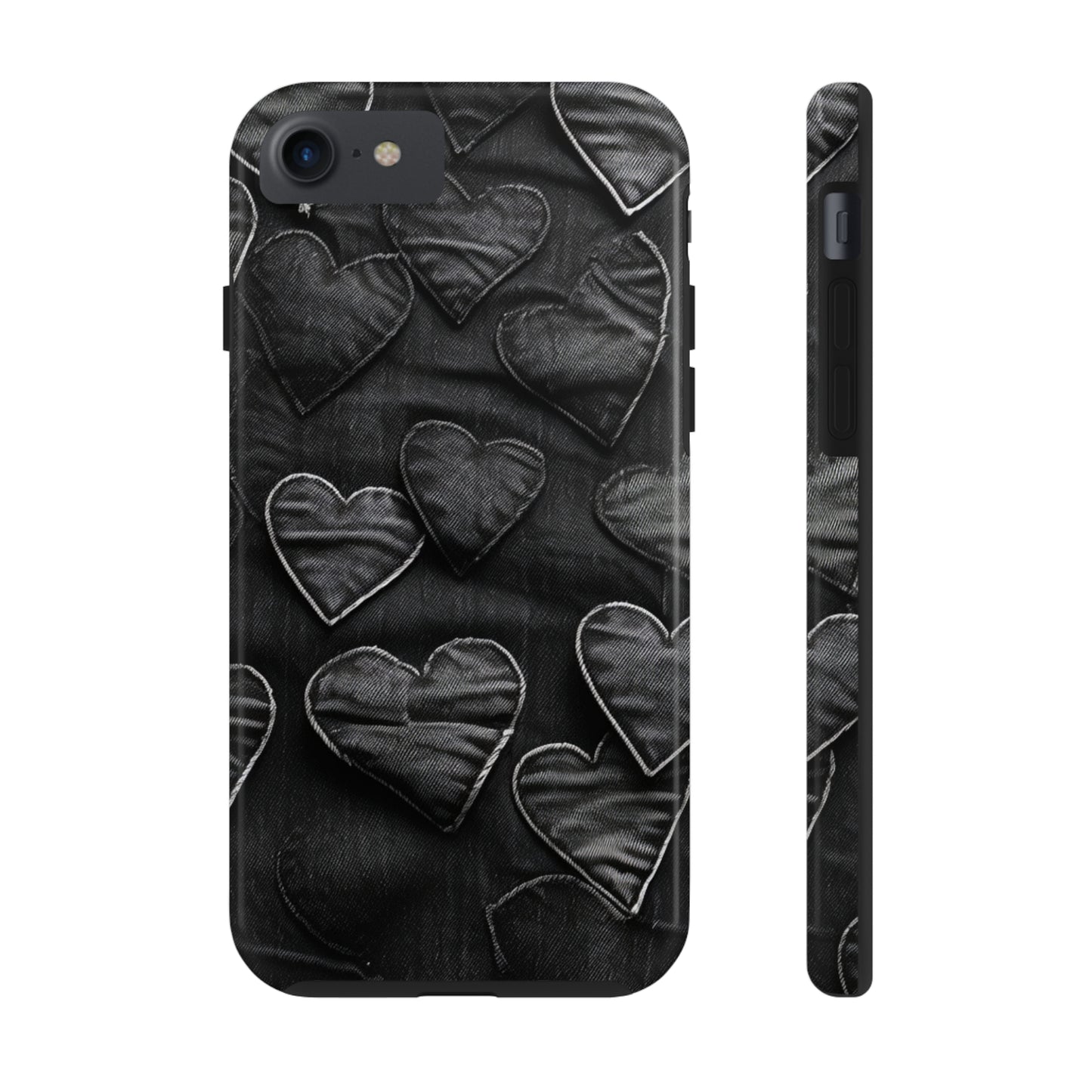 Black: Distressed Denim-Inspired Fabric Heart Embroidery Design - Tough Phone Cases