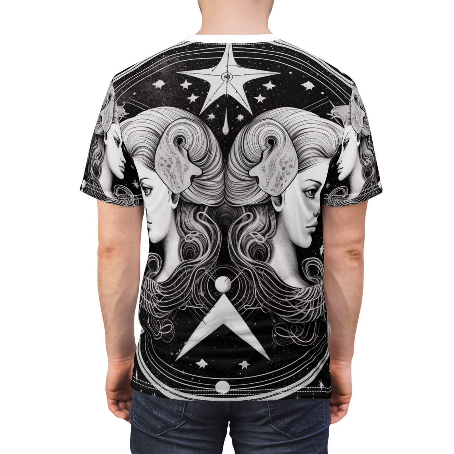 Gemini Zodiac Twins Design - Celestial Astrology Theme - Unisex Cut & Sew Tee (AOP)