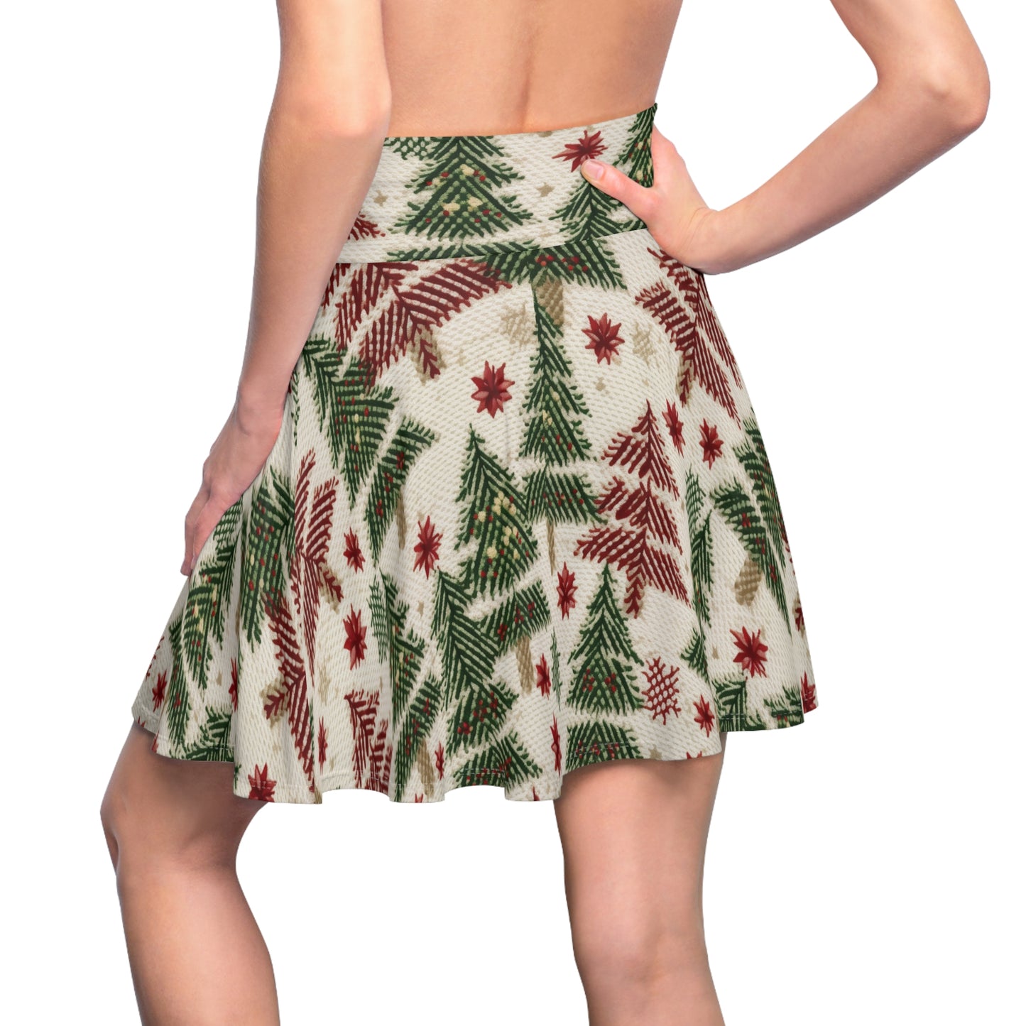 Embroidered Christmas Winter, Festive Holiday Stitching, Classic Seasonal Design - Women's Skater Skirt (AOP)