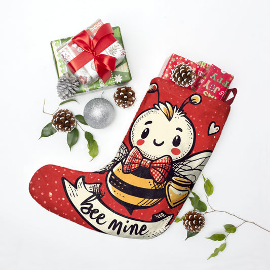 Valentine's Day Bee Illustration, Cute Bumblebee with Honey, Love Hearts, Whimsical Insect Artwork - Christmas Stockings