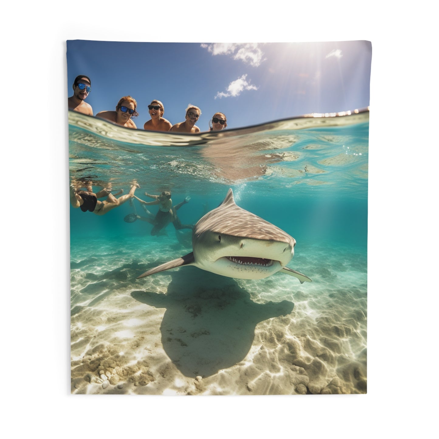 Peaceful Bull Shark with Swimmers: Ocean Scene - Perfect for Sea Lovers - Indoor Wall Tapestries