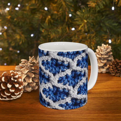 Blueberry Blue Crochet, White Accents, Classic Textured Pattern - Ceramic Mug 11oz