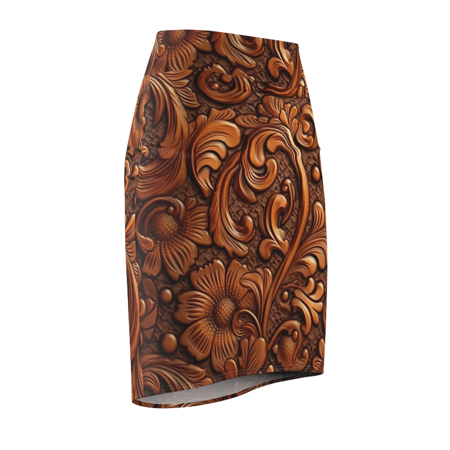 Leather Flower Cognac Classic Brown Timeless American Cowboy Design - Women's Pencil Skirt (AOP)