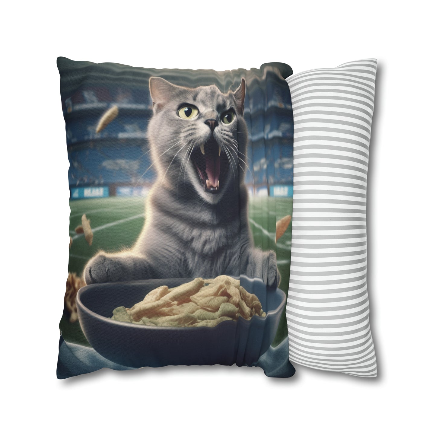 Halftime Football Feline: Screaming Sports Fan Cat Stadium Food Kitten - Spun Polyester Square Pillow Case