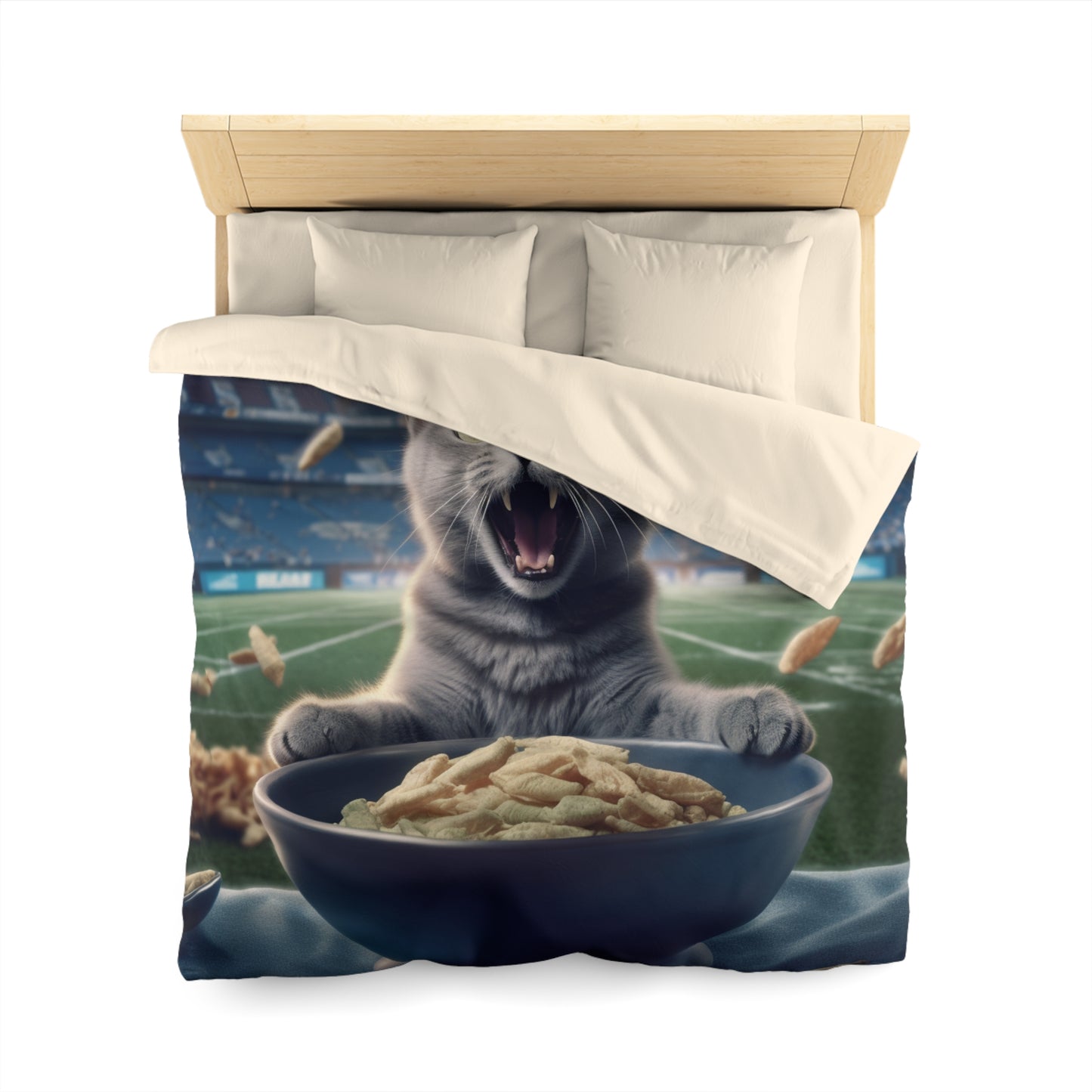 Halftime Football Feline: Screaming Sports Fan Cat Stadium Food Kitten - Microfiber Duvet Cover