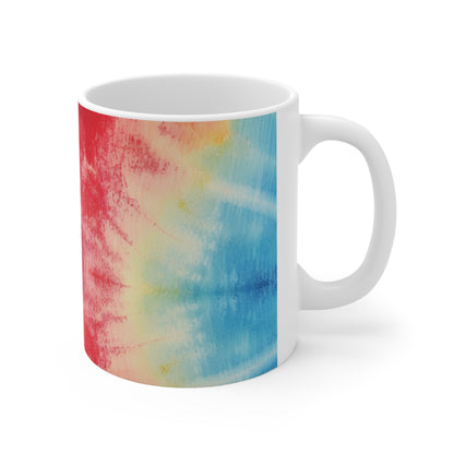 Rainbow Tie-Dye Denim: Espectáculo de diseño de tela multicolor vibrante - Taza de cerámica de 11 oz 