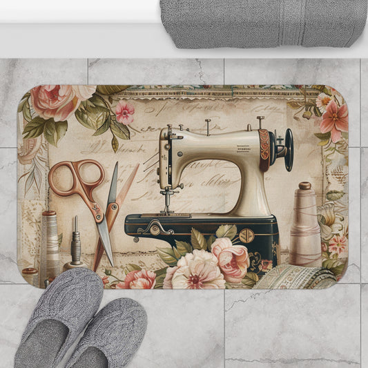 Classic Floral Sewing Ensemble: Vintage-Inspired with Antique Sewing Machine and Scissors - Bath Mat