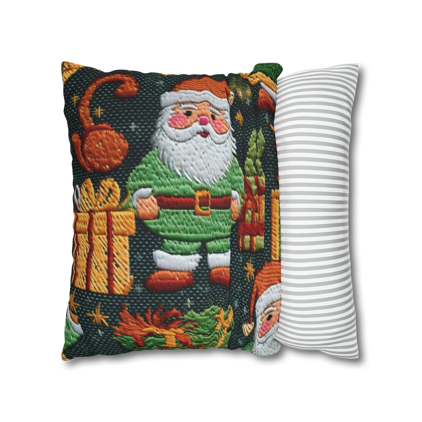 Papá Noel navideño - Regalos bordados - País de las maravillas invernal festivo - Diseño Deck the Halls - Funda de almohada cuadrada de poliéster hilado 