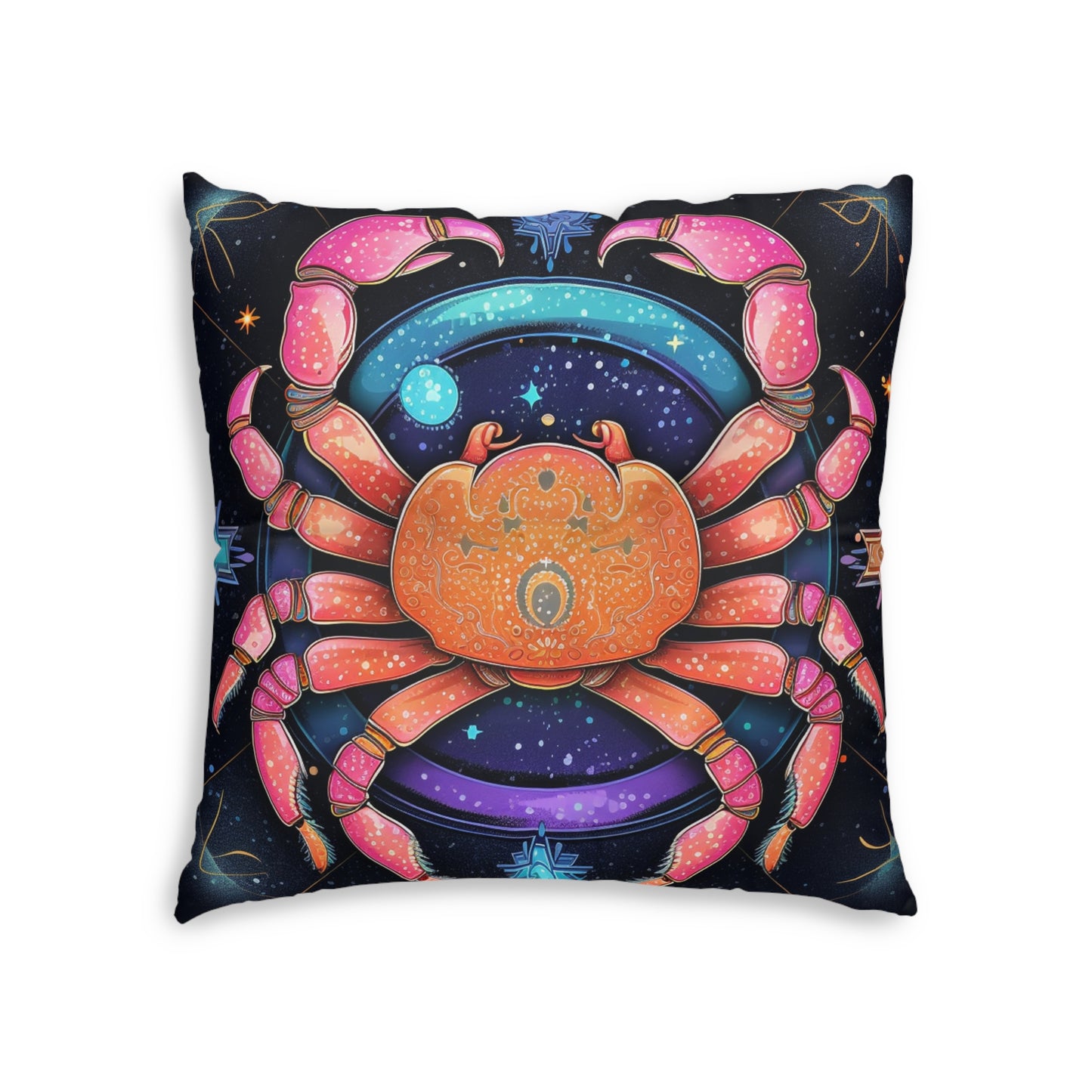 Cangrejo celestial arcoíris - Arte vibrante del signo del zodíaco del cáncer - Almohada de suelo copetuda, cuadrada 