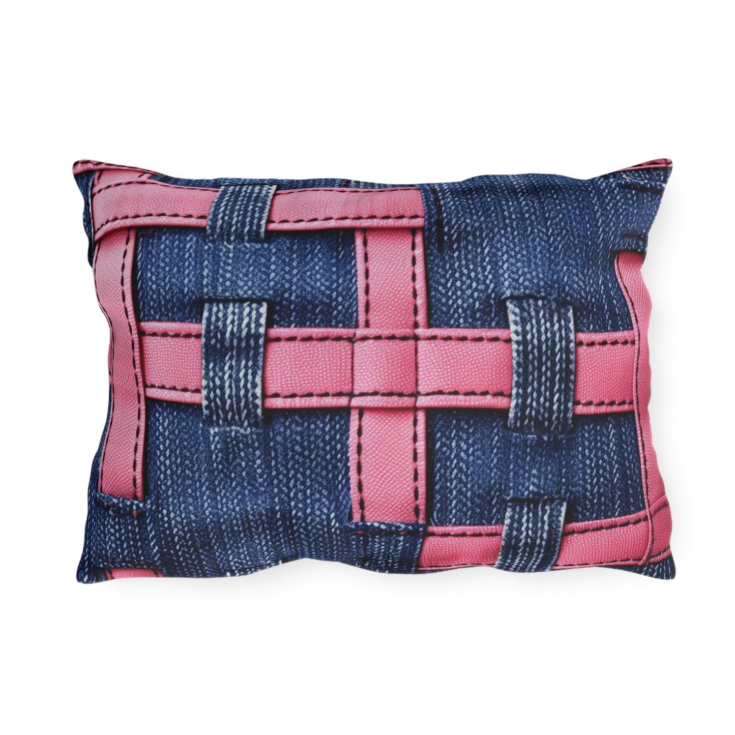 Candy-Striped Crossover: Pink Denim Ribbons Dancing on Blue Stage - Outdoor Pillows