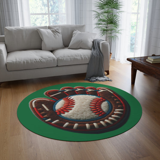 Baseball Sport Mitt and Glove, Chenille Patch Graphic, Round Rug