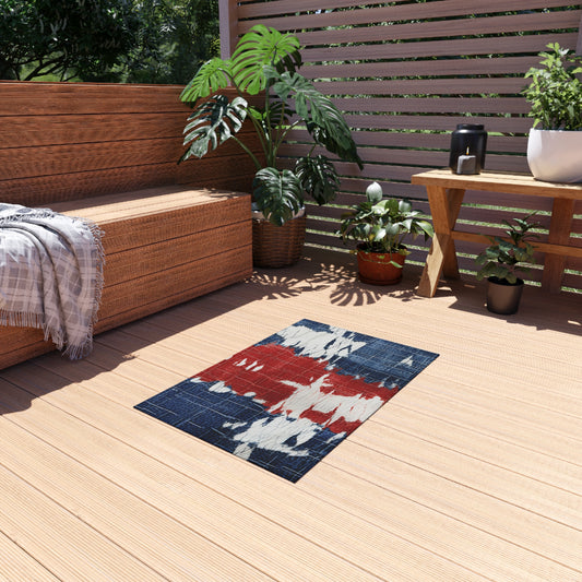 Patriotic Red, White & Blue: Distressed Denim-Style, Torn Fabric - Outdoor Rug