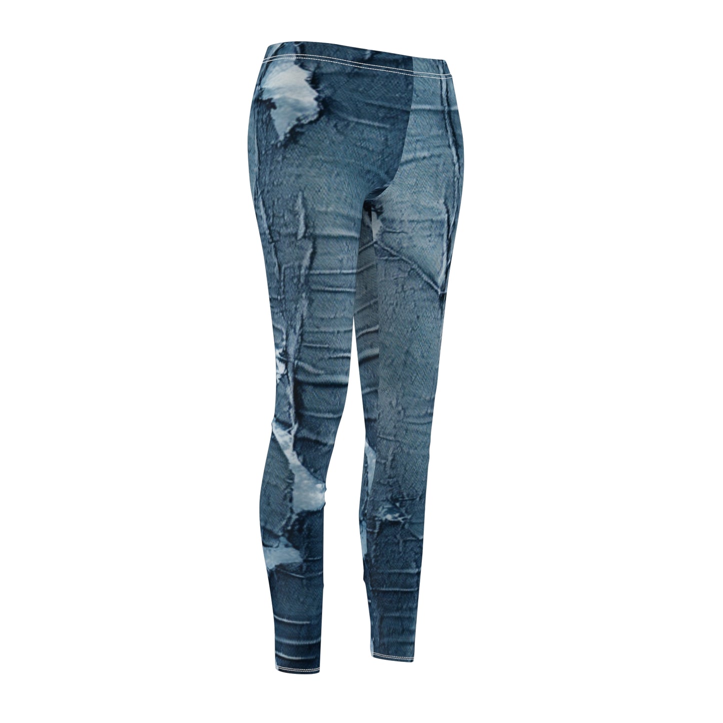 Distressed Blue Denim-Look: Edgy, Torn Fabric Design - Women's Cut & Sew Casual Leggings (AOP)