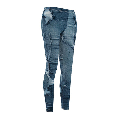 Distressed Blue Denim-Look: Edgy, Torn Fabric Design - Women's Cut & Sew Casual Leggings (AOP)