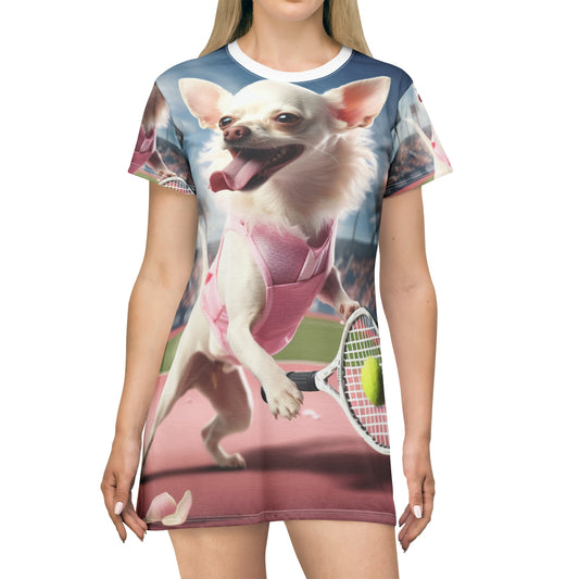 Chihuahua Tennis Ace: Dog Pink Outfit, Court Atheletic Sport Game - T-Shirt Dress (AOP)