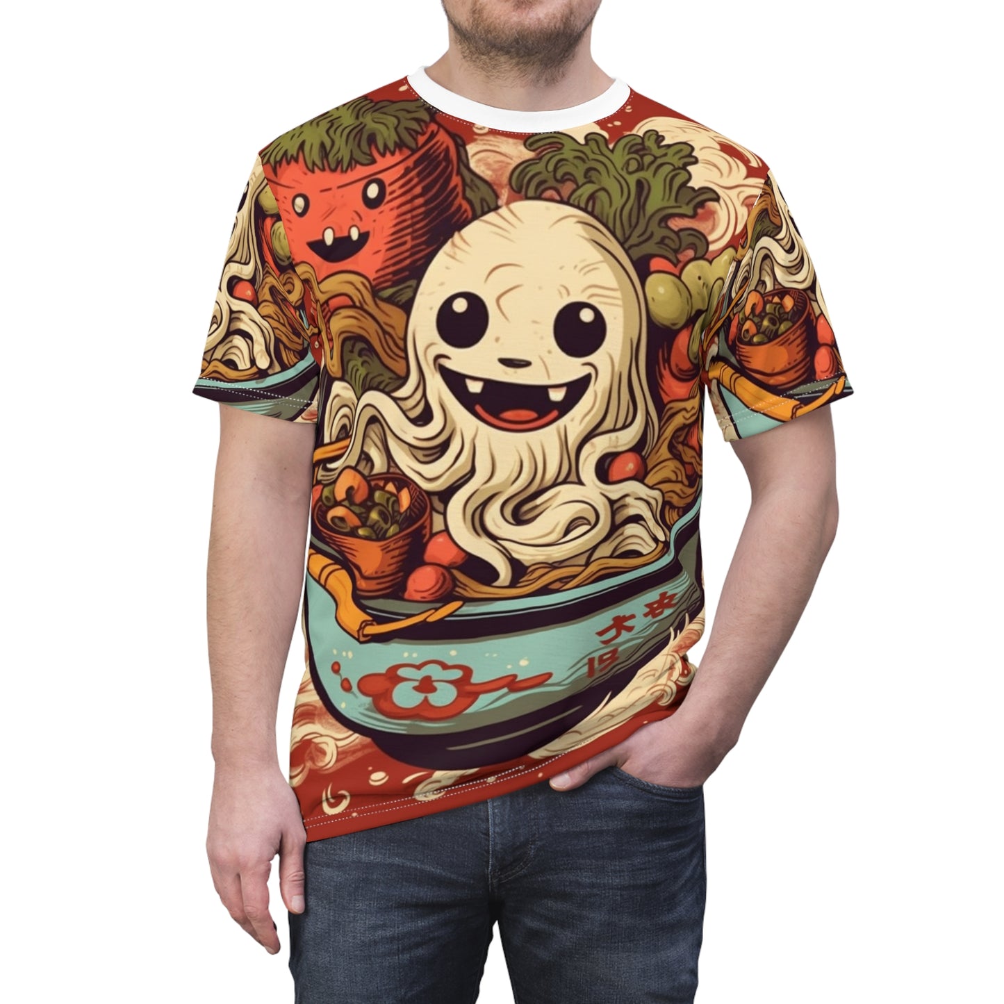 Japanese Halloween Ghost Ramen Classic Haunted Japan Holiday Design - Unisex Cut & Sew Tee (AOP)