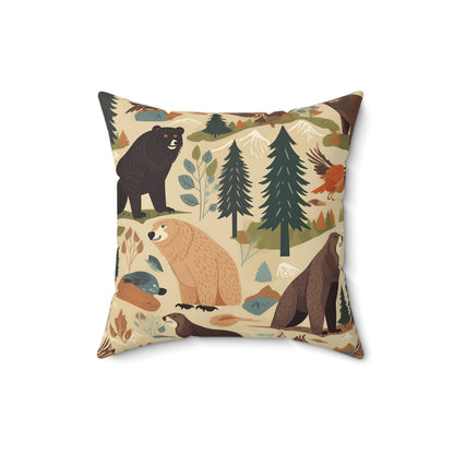 U.S. Wilderness Inspired: Grizzly Bears, Animals Pattern Spun Polyester Square Pillow