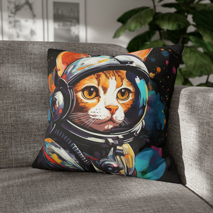 Astro Cat Adventure Feline - Pop Art, Floating in Cosmic Space - Spun Polyester Square Pillow Case