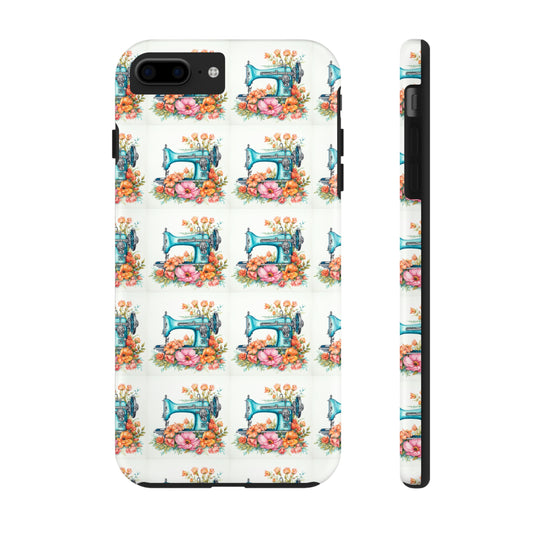 Aqua Blue Sewing Machine and Floral Watercolor Illustration, Artistic Craft - Tough Phone Cases