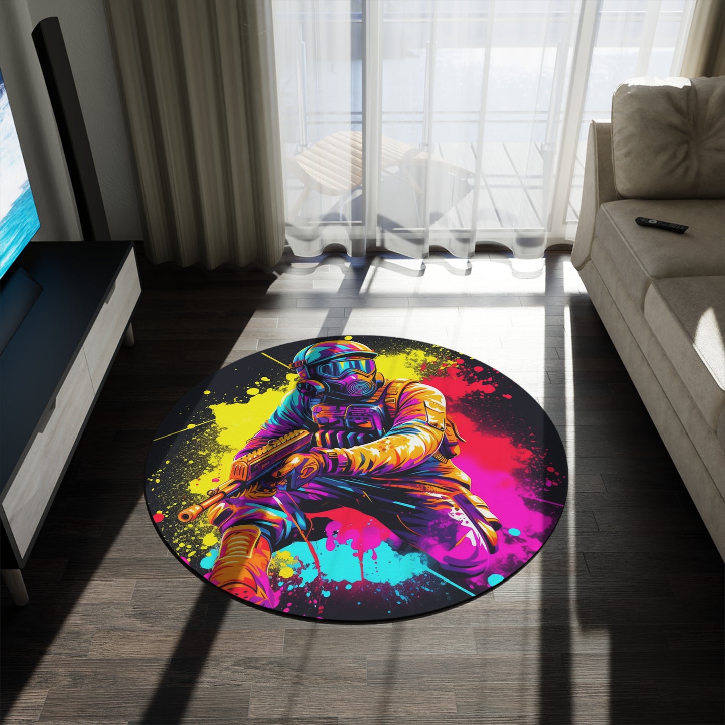 Paintball Action Sport: Player in Battle, Paint Splatter - Round Rug