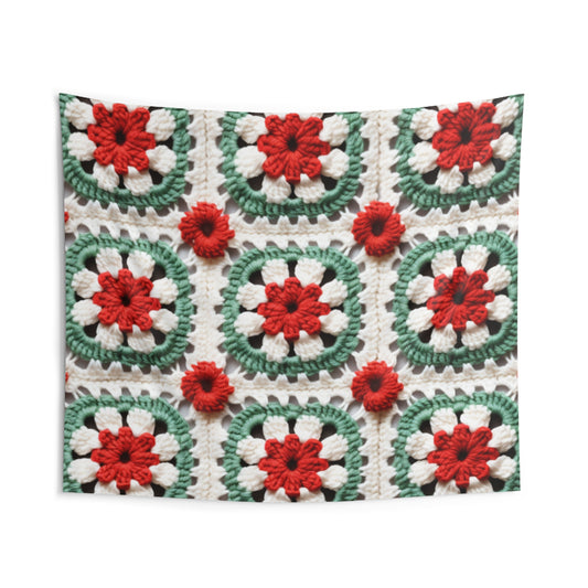 Christmas Granny Square Crochet, Cottagecore Winter Classic, Seasonal Holiday - Indoor Wall Tapestries