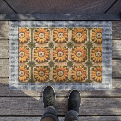 Sunflower Crochet Elegance, Granny Square Design, Radiant Floral Motif. Bring the Warmth of Sunflowers to Your Space - Door Coir Mat