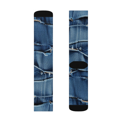 Midnight Blue Distressed Denim: Rugged, Torn & Stylish Design - Sublimation Socks