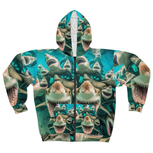 Laughing Lemon Sharks: Joyful Sea Jaws Ocean Deep - Unisex Zip Hoodie (AOP)