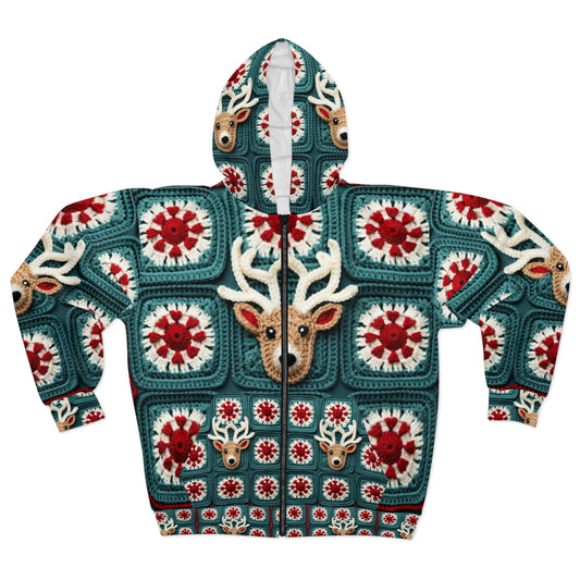 Christmas Reindeer Crochet, Wintry Wonderland Design, Festive Stag Motif. Embrace the Holiday Spirit - Unisex Zip Hoodie (AOP)