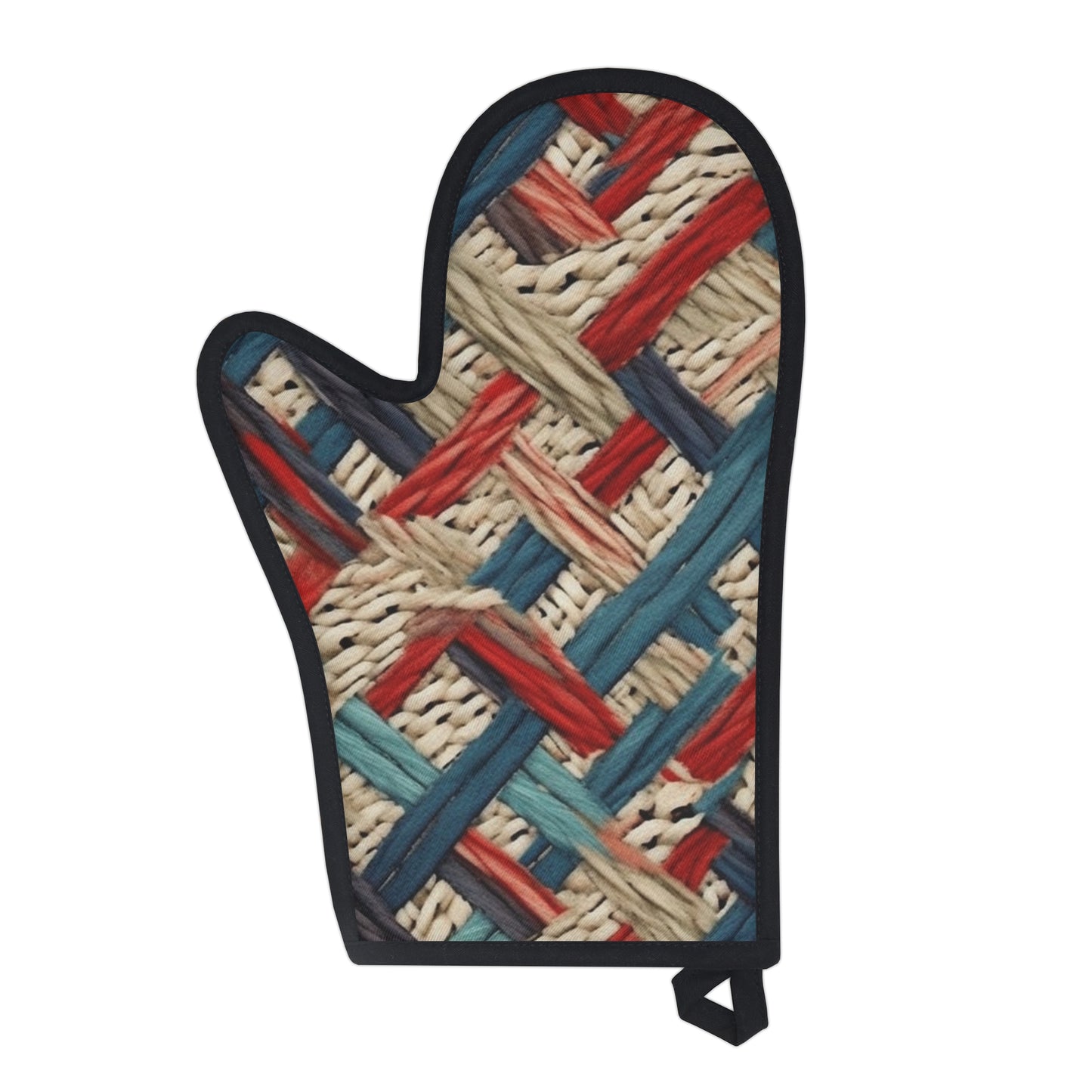 Colorful Yarn Knot: Denim-Inspired Fabric in Red, White, Light Blue - Oven Glove