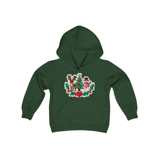 Christmas Snowman & Reindeer Embroidered Patch Design - Youth Heavy Blend Hooded Sweatshirt