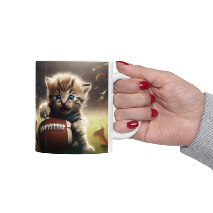 Football Kitten Touchdown: Tabby's Winning Play Sport Game - Ceramic Mug 11oz