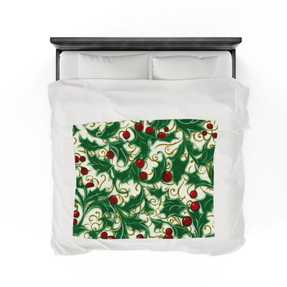 Holiday Elegance: Christmas Holly Swirls Design - Velveteen Plush Blanket