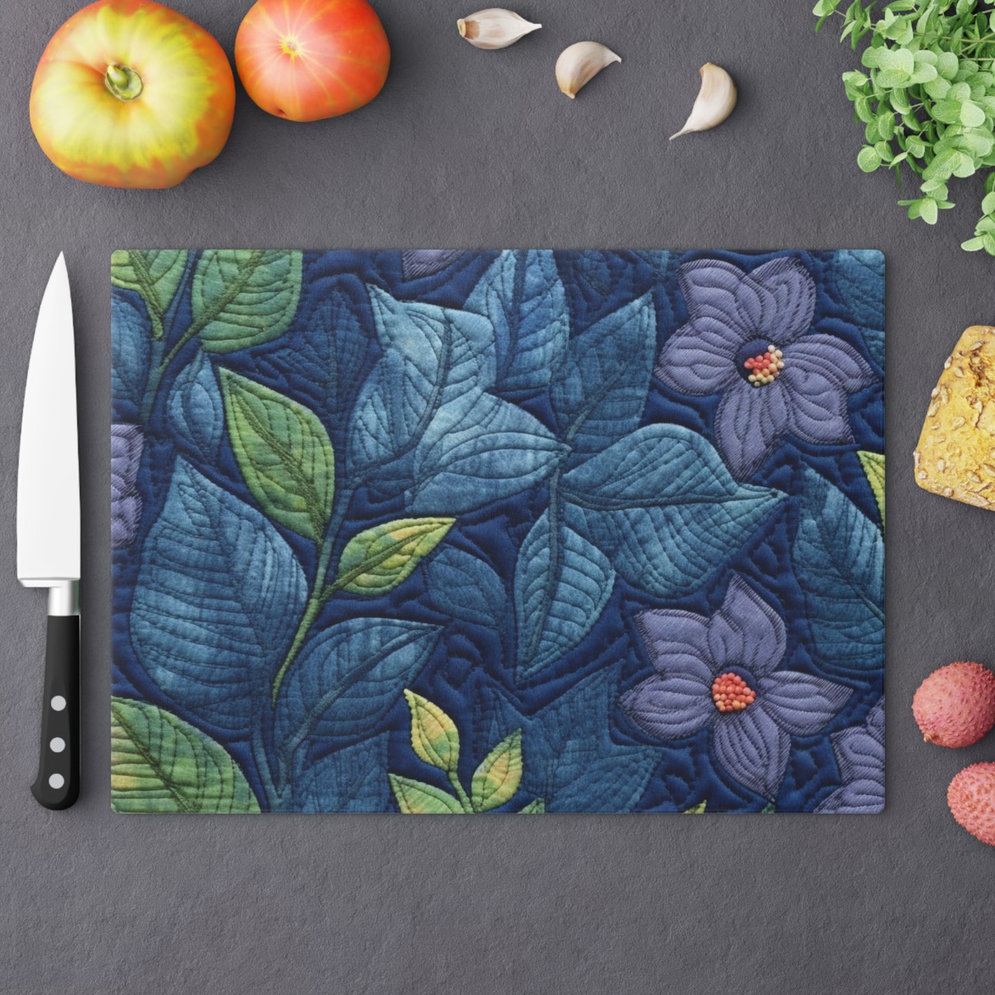 Floral Embroidery Blue: Denim-Inspired, Artisan-Crafted Flower Design - Cutting Board